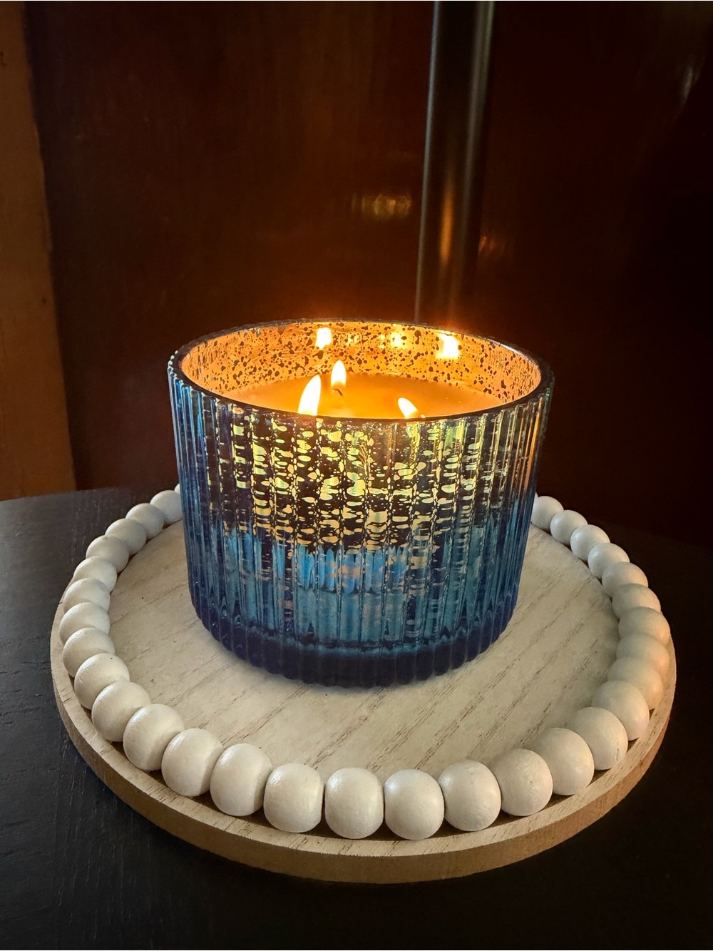 Blue Ribbed Glass Three-Wick Candle